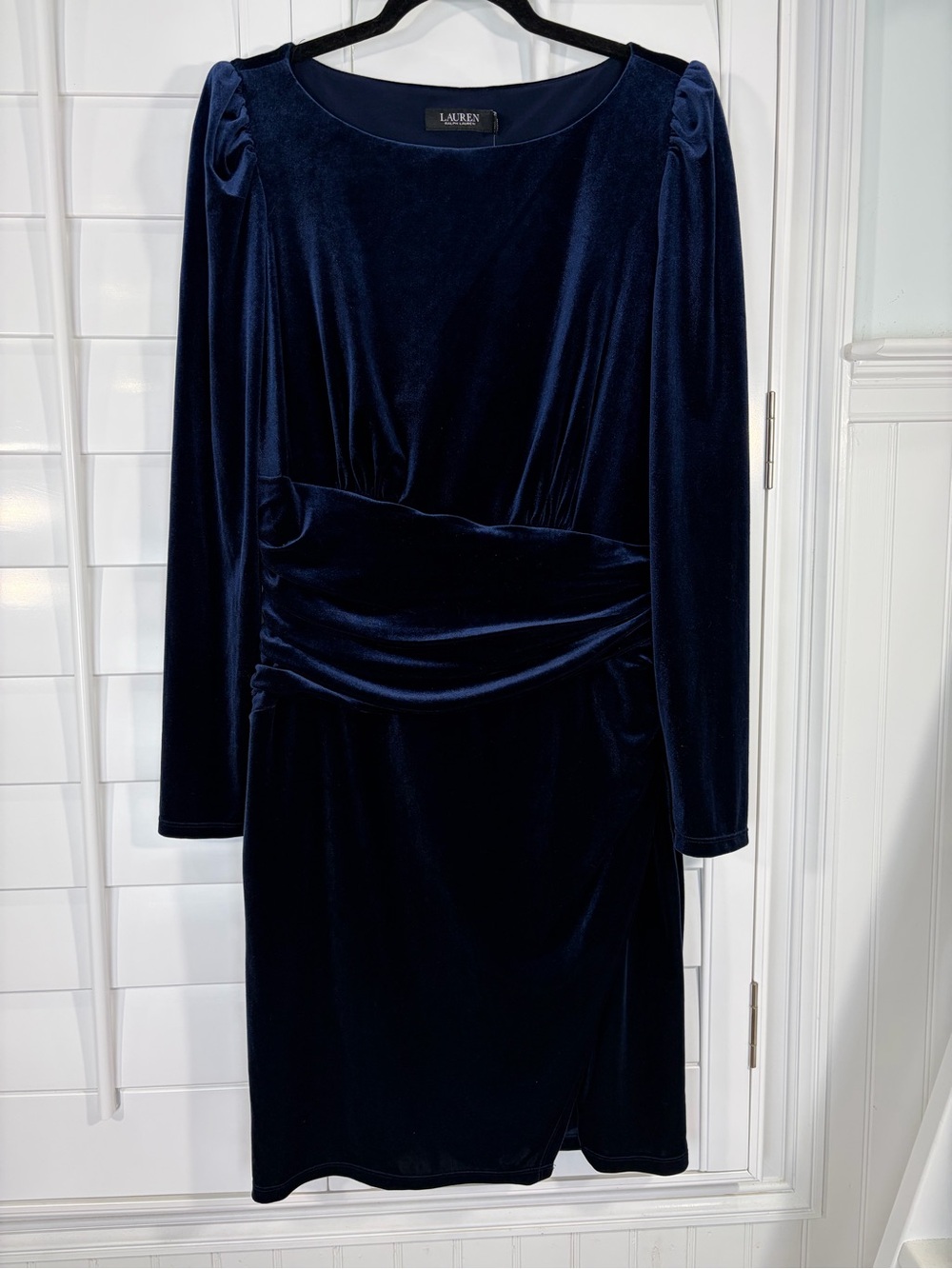NWT LRL Navy Velvet Long-Sleeve Ruched Evening Sheath Dress (10) - Picture 6 of 16